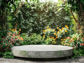 Fototapeta premium Blank product display podium with garden flowers field meadow on background. Beauty skincare cosmetics presentation. Organic natural concept
