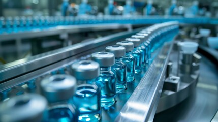Fototapeta premium The pharmaceutical manufacturing process involves a detailed look at vaccine vials on the production line, ensuring quality control and precision. This modern process uses automation and technology