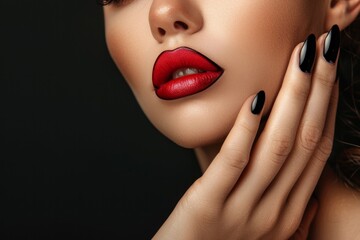 Fototapeta premium Closeup of Elegant Red Lips and Black Manicure: Ideal for Fashion, Beauty, and Cosmetic Advertising Projects