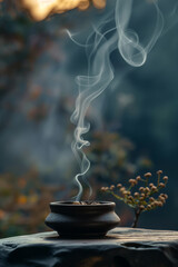 Smoke incense cones on beautiful landscape background on sunset. Meditative scenery .	