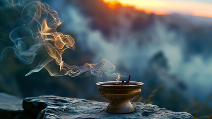 Smoke incense cones on beautiful landscape background on sunset. Meditative scenery .	
