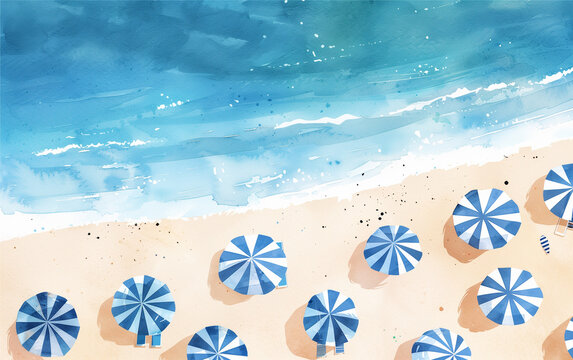 Watercolor drawing of blue beach umbrellas on the beach, tourism beach vacation, summer time, cute watercolor illustration of beach