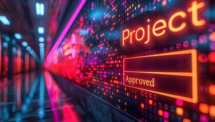 Fototapeta premium The Approval Matrix, matrix-style grid where business processes flow from left to right, management approval stages marked by illuminated checkpoints