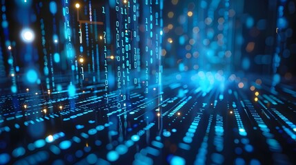 Vibrant Digital Technology Background with Glowing Binary Code and Web Elements