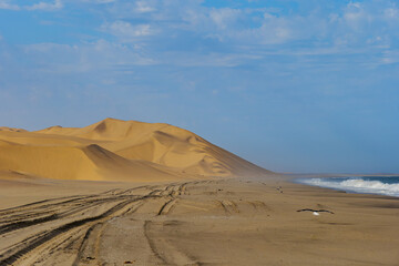 Sandwich harbour dunes, morning, sunrise landscape.. Walvis Bay Namibia Africa.