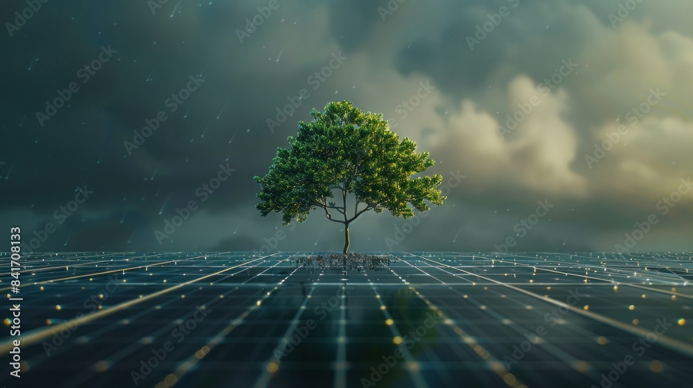 Wall mural young tree sprouting from the center of a field of solar panels, symbolizing the growth of renewable