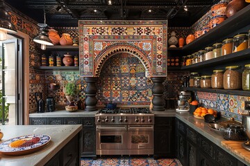 Fototapeta premium This image depicts a rustic countryside African kitchen, featuring mud walls, a thatched roof, and a traditional cooking hearth. The simple yet charming space reflects a deep connection to nature