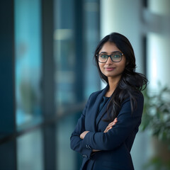 Naklejka premium An Indian female executive manager wearing glasses and a suit jacket on a blurred background