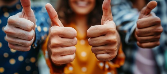 Thumbs up gesture by business people on blurred background, like and approval concept