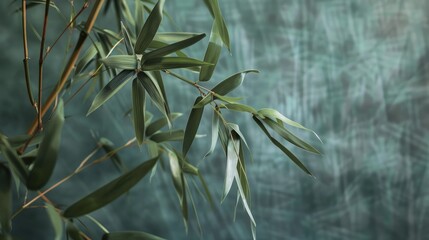 Obraz premium Evoke nature's calm: Bamboo leaves grace a muted green canvas, offering a refined backdrop for your creative vision.