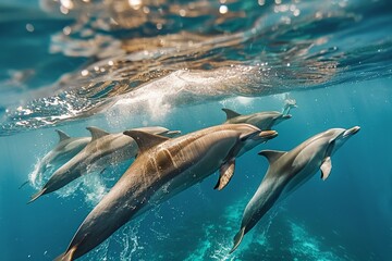 Obraz premium A pod of dolphins playfully swimming in unison, creating mesmerizing patterns in the sparkling azure water, with the ocean floor visible beneath