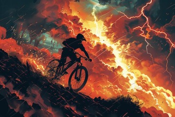 An evocative illustration of a rider silhouetted against a backdrop of raging storm clouds and lightning, the wind whipping through the scene, capturing a sense of epic struggle and perseverance