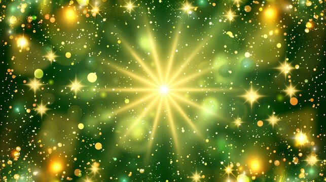 Radiant green light burst with golden green magical rays illuminating dark green backdrop