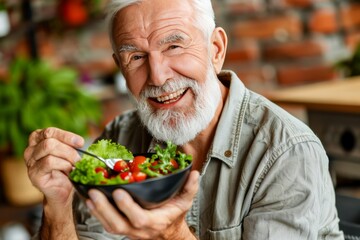 Happy senior man holding fresh vegetable salad in kitchen, expressing joy with a genuine smile