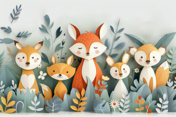 Fototapeta premium A group of cute foxes are playing in the forest. paper cut background