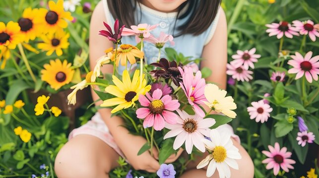 A little girl lies with a smile in a flower field, surrounded by daisies and other flowers.
Concept: joy, childhood, nature, fun, carefree. ticks in nature