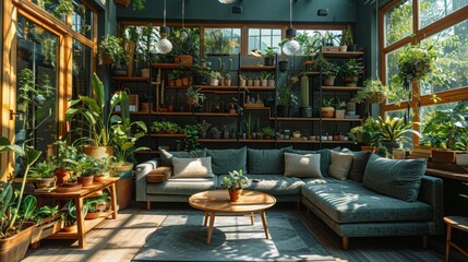 Fototapeta premium Modern Living Room With Yellow Sectional Sofa And Abundant Greenery