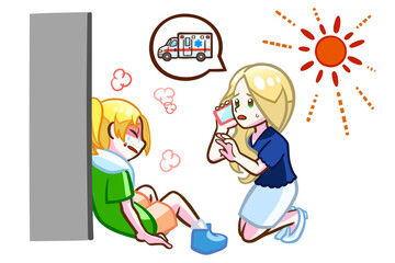 熱中症で倒れる金髪の女の子と救急車を呼ぶ女性