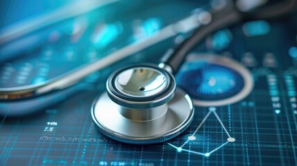 A stethoscope rests on a futuristic interface