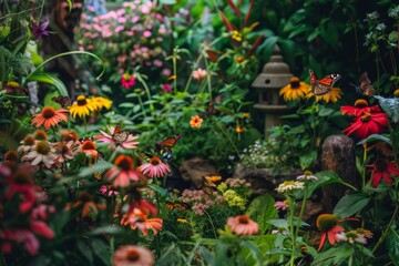 Fototapeta premium Thriving Summer Garden Ecosystem with Butterflies, Birds, Bees Amidst Blooming Flowers, and Lush Greenery