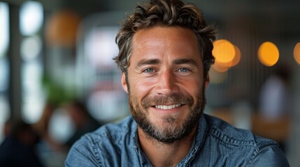 Obraz premium Handsome Man With Curly Hair Smiles In A Cafe Setting