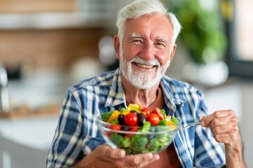 Senior man smiling, holding a vibrant healthy vegetable salad bowl in a kitchen setting