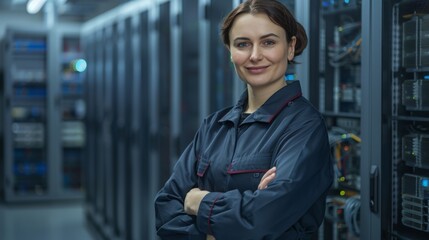 Fototapeta premium Confident Professional Woman in Modern Server Room with Rack Servers