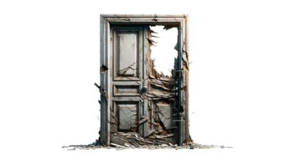 Old wooden damaged door isolated on transparent or white background