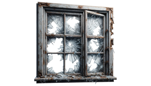 Old vintage damaged window  isolated on transparent or white background