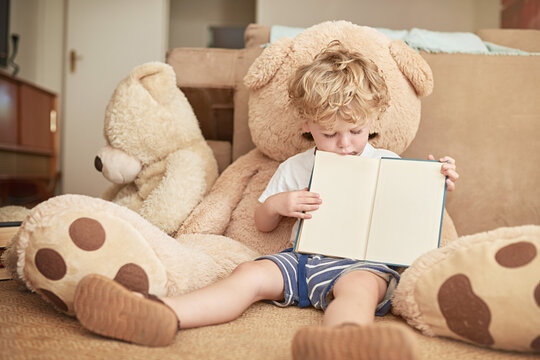 Child, reading and book on sofa at house for learning literature, language development or studying of knowledge. Boy, relax and information with novel, fantasy story or activity for education growth
