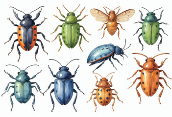 page of very simple water colour style bugs isolated image white background
