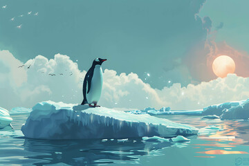 Global warming concept, a penguin on an ice floe in the South Pole, with a striking blue sea and the bright, hot sun overhead