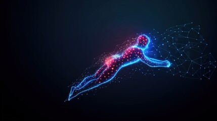 an Olympic swimmer silhouette with illuminated lines and dots on a dark background, futuristic digital business template background