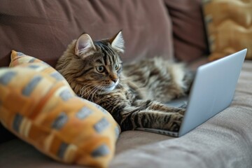 Domestic tabby cat looks focused while interacting with a laptop, lounging on a comfy sofa - Powered by Adobe