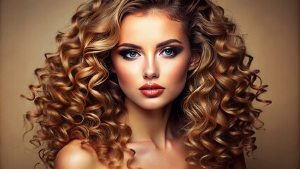 Fototapeta premium Vibrant, glowing, and flawless skin radiates from a stunning makeup look, accentuated by luscious curly locks, set against a serene beige background, evoking beauty and confidence.