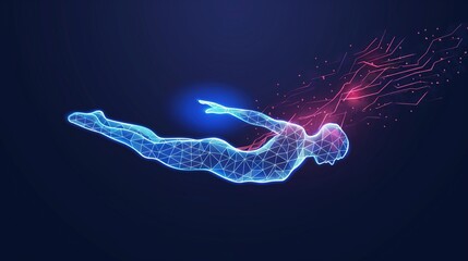 an Olympic swimmer silhouette with illuminated lines and dots on a dark background, futuristic digital business template background