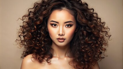 Fototapeta premium Flawless porcelain skin, vibrant curly hair, and stunning facial features on a beautiful asian woman with radiant glow, set against a neutral beige backdrop.