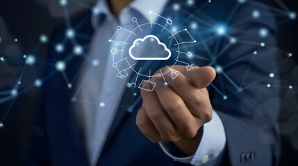 A businessman touching a cloud technology icon depicting data transfer and global network connectivity 