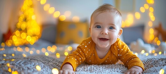 Joyful bonding  young mother giggling with three month old baby on bed with plush toys and blankets