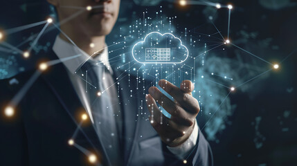 A businessman touching a cloud technology icon depicting data transfer and global network connectivity 