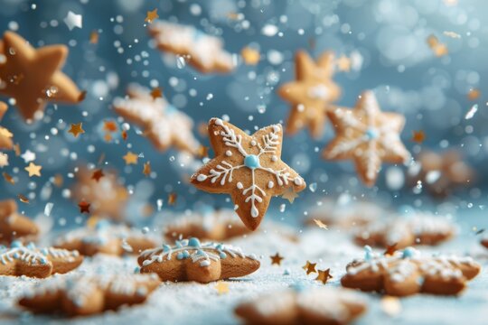 Star-shaped Holiday Gingerbread Cookies in Snowy Setting