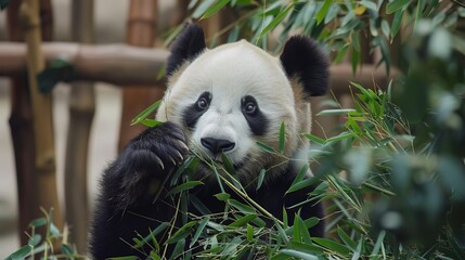 Fototapeta premium adorable giant panda contentedly munching on fresh bamboo wildlife photograph
