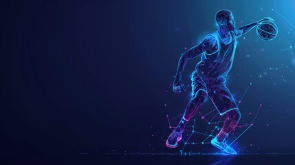 Fototapeta premium an Olympic basketball player silhouette with illuminated lines and dots on a dark background, futuristic digital business template background