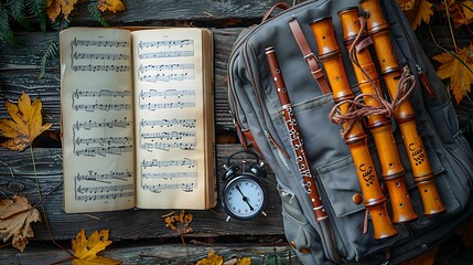 A top view of a backpack filled with music-themed items like sheet music, a metronome, and a small flute, neatly arranged with clear copy space in the center.