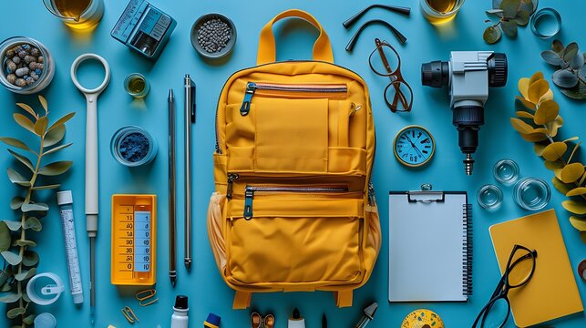 A top view of a backpack filled with science items like a microscope, lab notebook, safety goggles, and experiment kits, neatly arranged with clear copy space in the center.