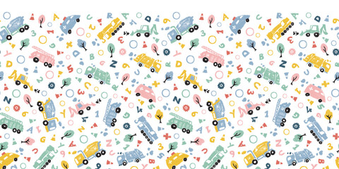 Vector white pastel pen sketch doodle cute cement trucks transport vehicles with alphabets horizontal pattern. Suitable for posters and invitation cards.
