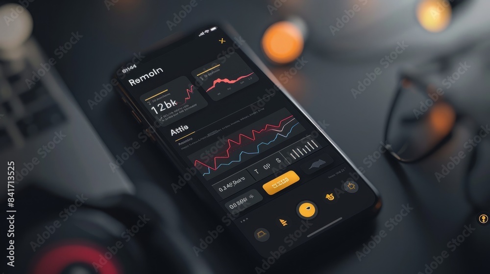 Poster a close-up of a smartphone screen displaying a financial data app with line charts and numbers. the 