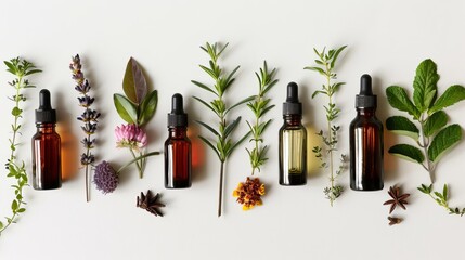 assorted herbs and essential oils for natural medicine and spa treatments flat lay