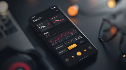 A close-up of a smartphone screen displaying a financial data app with line charts and numbers. The app has a dark theme and features a yellow Open button.