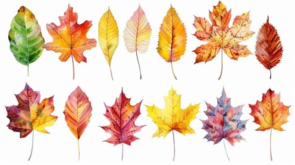 Fototapeta premium assortment of vibrant autumn leaves isolated on a white background showcasing the beauty of seasonal change digital illustration